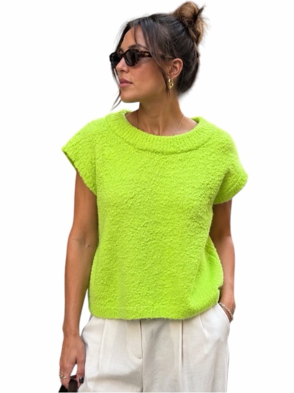 J.Nna Medium Neon Lime Green Boucle Cap Sleeve Oversized Sweater Vest